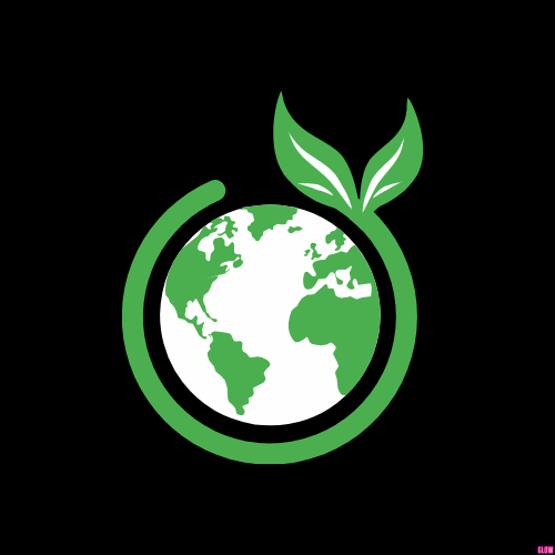 Against a black background, a green and white icon of planet Earth is encircled by a green plant stem. There are two green plant leaves growing from this stem in the top right hand corner of the icon.