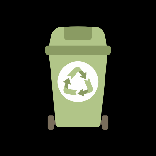 Icon of a green wheelie bin. The recycling logo sits at the front of the bin in green and white.