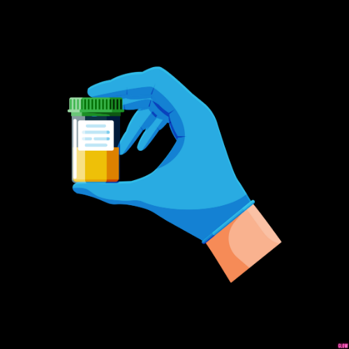 Icon of a hand holding a small test tube filled with orange liquid. It has a green lid. The hand wears a blue medical glove.